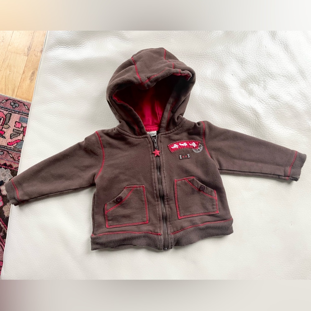 4/$20💥Girls Chocolate Brown Full Zip-Up Hoodie Sweatshirt, Red Stitching, Pocket